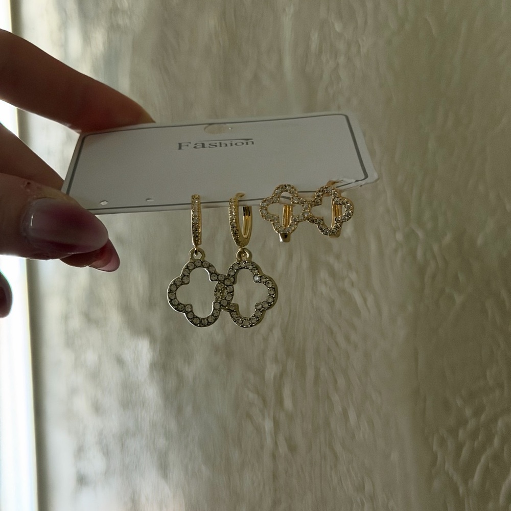 Gold Clover Dangle and Mini Hoop Earring Set -